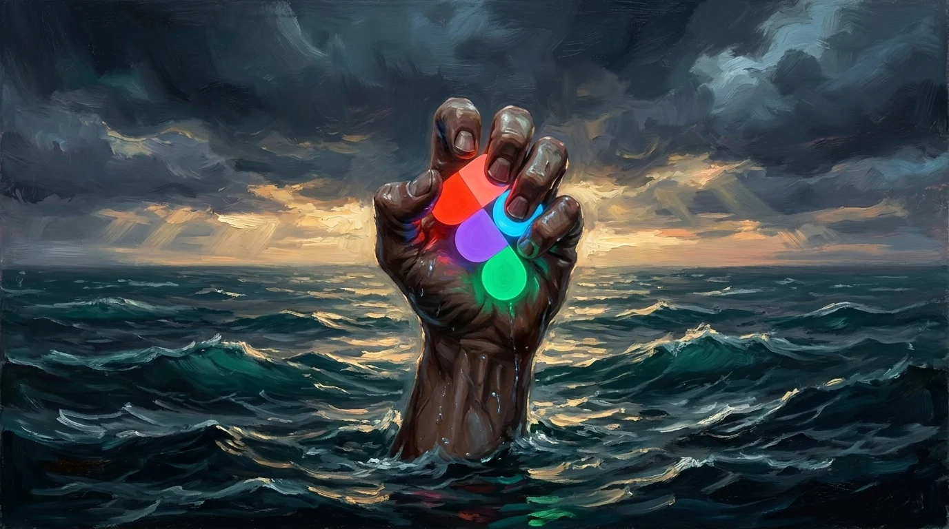 A clenched fist rises above stormy ocean waves at twilight, fingers gripping a glowing cluster of Figma's brand colors as the logo slips beneath the surface. Painterly oil-painting, dramatic, melancholic.